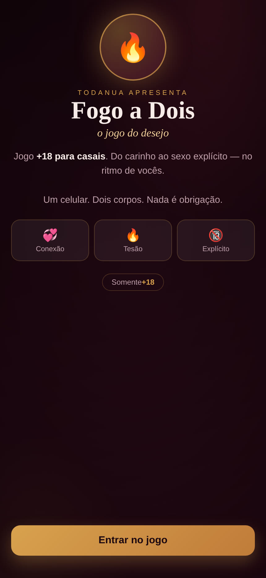 Tela de abertura do Fogo a Dois no celular
